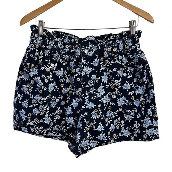 Time and Tru Floral Shorts Size 12 High Rise Ruffled Elastic Waist Mom Fit Blue - Picture 1 of 4